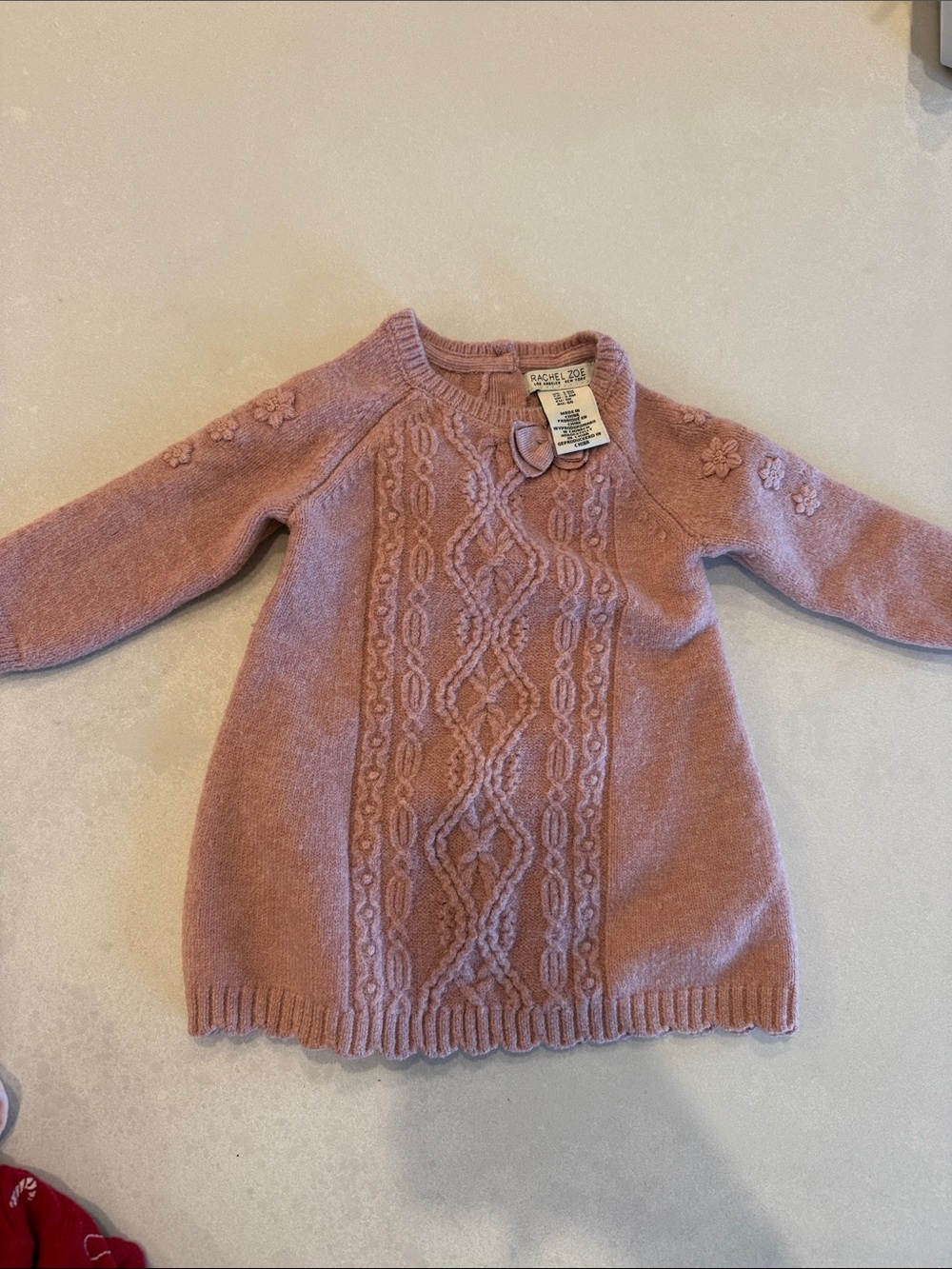 Rachel Zoe Pink Cable Knit Baby Dress with Floral Detail